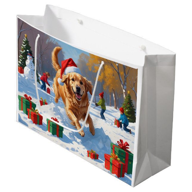 Grand Sac Cadeau Golden Retriever en neige avec Casquette de Noël (Devant Angle)