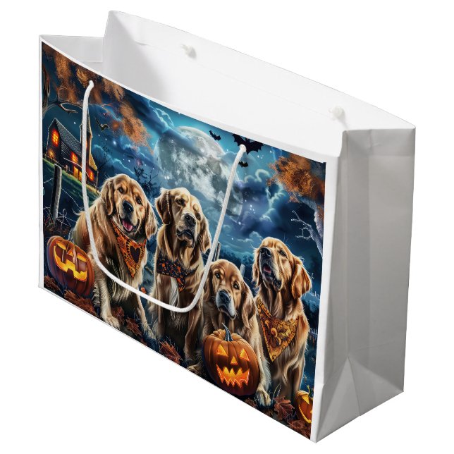 Grand Sac Cadeau Golden Retriever Halloween Éffrayant (Devant Angle)