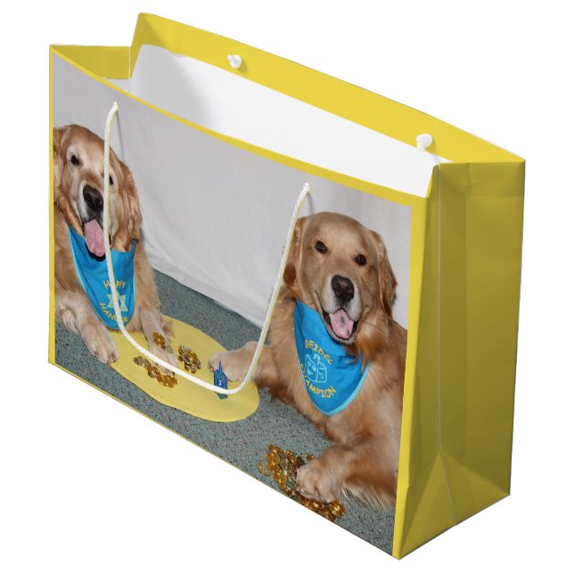 Grand Sac Cadeau Golden retriever jouant Dreidel Hanoukka (Devant Angle)