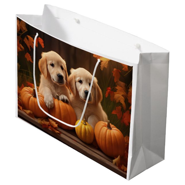Grand Sac Cadeau Golden Retriever Puppy Automne Citrouille de plais (Devant Angle)
