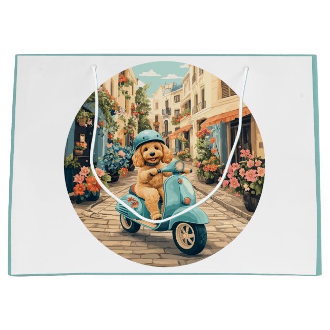 Grand Sac Cadeau Goldendoodle Dog Riding Scooter European Streets (Devant)