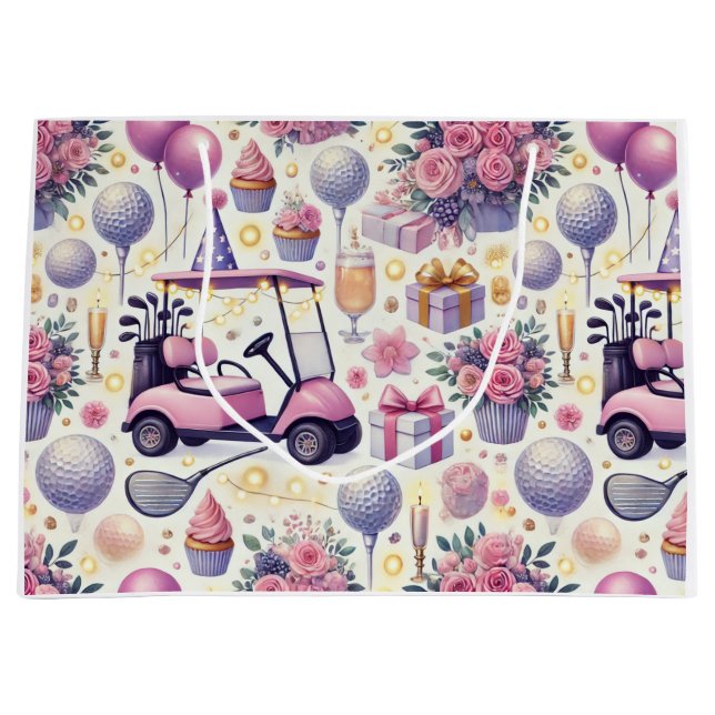 Grand Sac Cadeau Golf Anniversaire de fête rose thème pour femme (Devant)