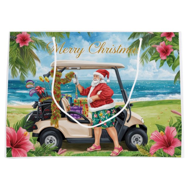 Grand Sac Cadeau Golf Christmas with Santa  his golf cart tropical  (Devant)
