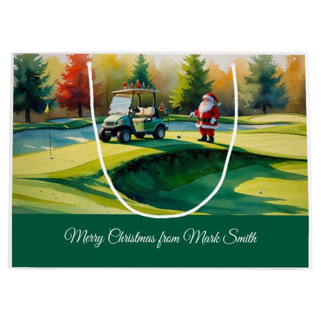Grand Sac Cadeau Golf Noël thème avec le Père Noël sur le parcours (Devant)