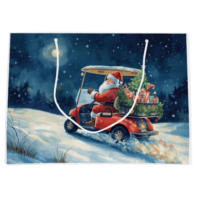 Grand Sac Cadeau Golf Santa Claus Riding Red Cart Christmas Holiday (Devant)