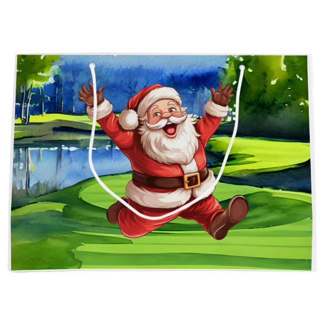 Grand Sac Cadeau Golf Santa Claus sur Golf Course Noël (Devant)