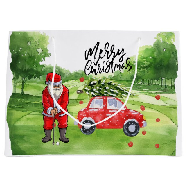 Grand Sac Cadeau Golf sapin de Noël en voiture rouge avec le Père N (Devant)