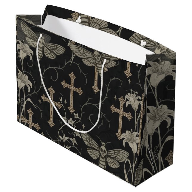 Grand Sac Cadeau Gothic Moth & Cross Damask Gift Bag (Dos Angle)