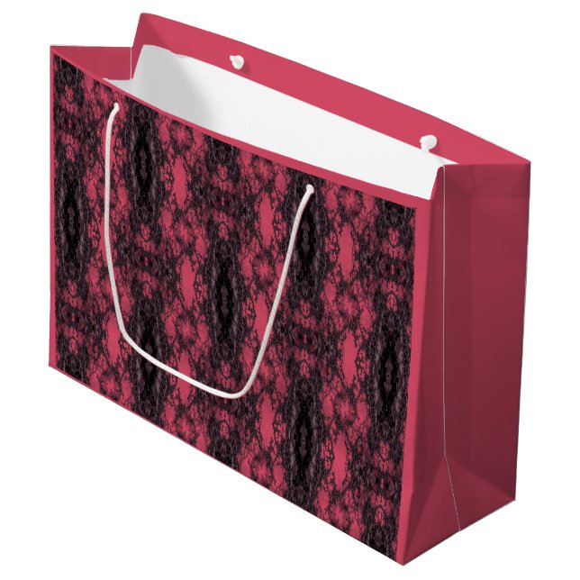 Grand Sac Cadeau Gothique Damask Motif rose foncé et noir dentelle (Devant Angle)