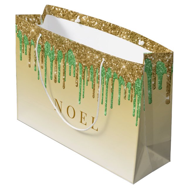 Grand Sac Cadeau gouttes de parties scintillant verte et or (Dos Angle)