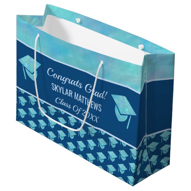 Grand Sac Cadeau Graduation Blue Opal Motif Congrats tendance (Devant Angle)