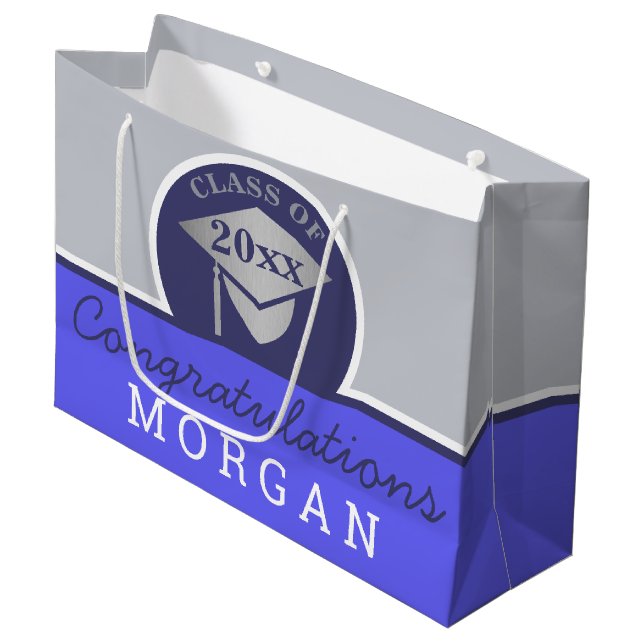 Grand Sac Cadeau Graduation Marine Bleu Argent Chic Personnalisé (Devant Angle)