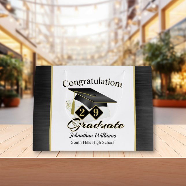 Grand Sac Cadeau Graduation Personnalisée Noir & Or (Graduation Personalized Black & Gold Large Gift Bag)