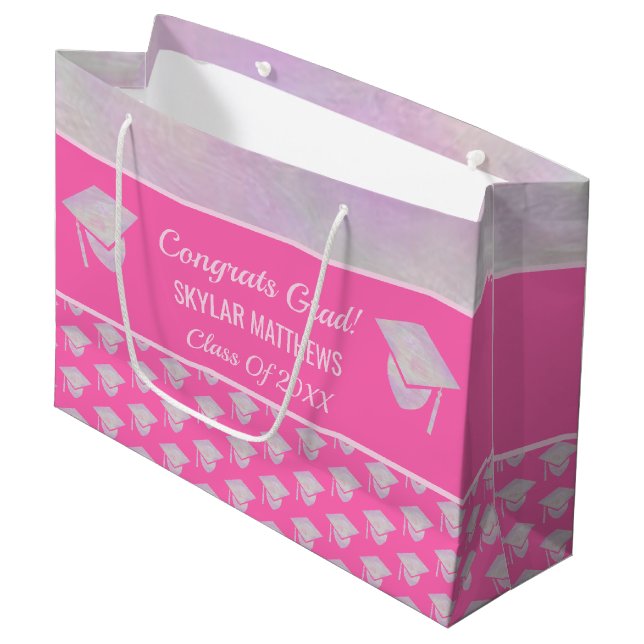 Grand Sac Cadeau Graduation Pink Opal Motif Congrats tendance (Devant Angle)