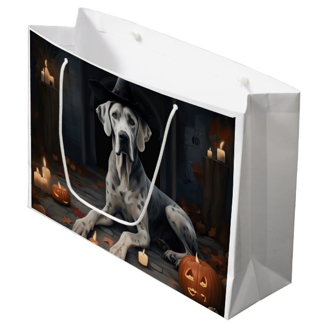 Grand Sac Cadeau Grand Dane Citrouille Halloween flip d'effroi (Devant Angle)