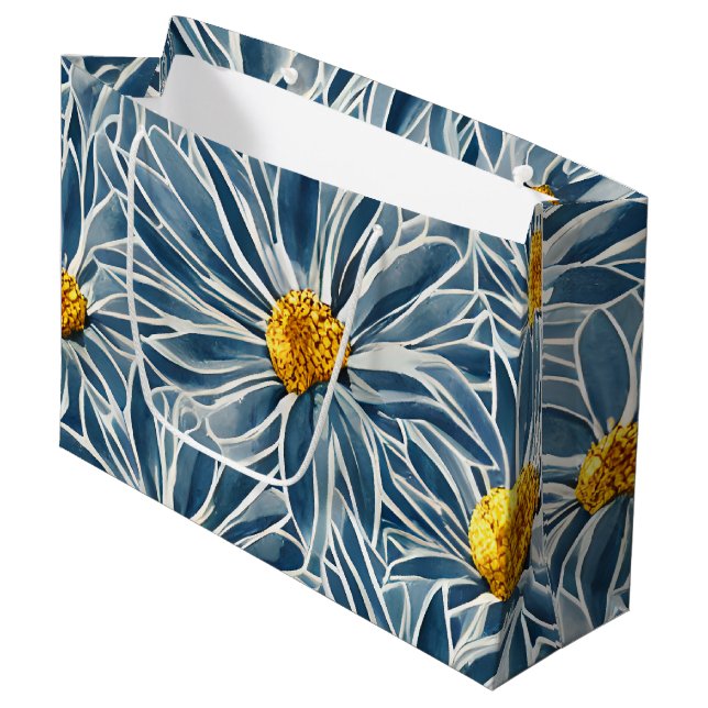 Grand Sac Cadeau Grandes Fleurs bleues et jaunes Motif sans couture (Devant Angle)
