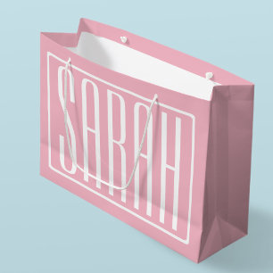 Grand Sac Cadeau Gras & Moderne votre nom ou mot Blanc sur rose