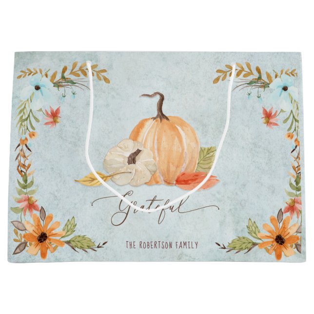 Grand Sac Cadeau Grateful Thanksgiving Citrouilles Automne Floral A (Devant)