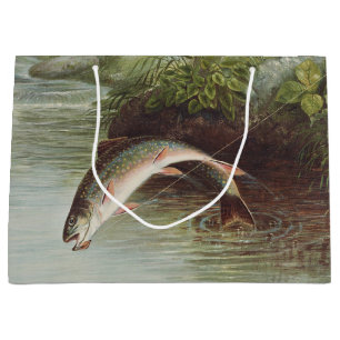 Grand Sac Cadeau Gravure ancienne de truite de ruisseau sautant pou