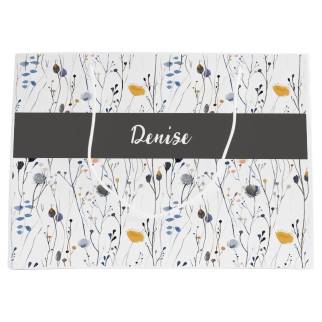 Grand Sac Cadeau Gray Blue Wildflower Watercolor Monogram Name (Devant)