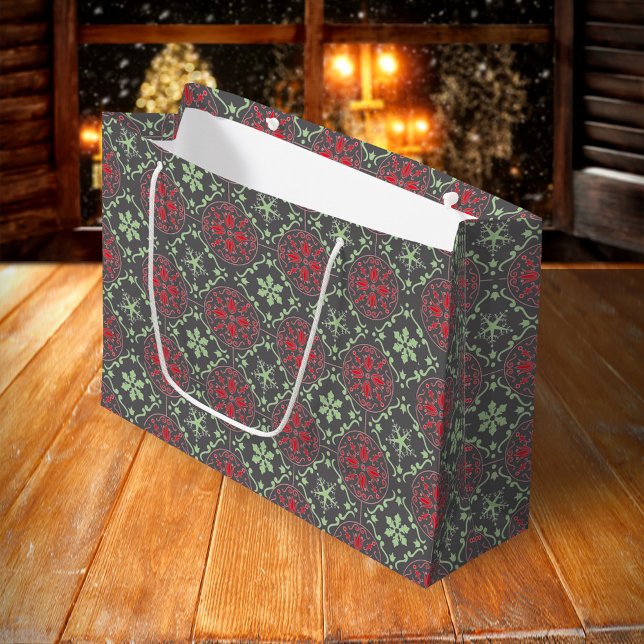 Grand Sac Cadeau Gray Elegant Nordic Winter Snowflake tendance (Red and green snowflake pattern grey gift bag.)
