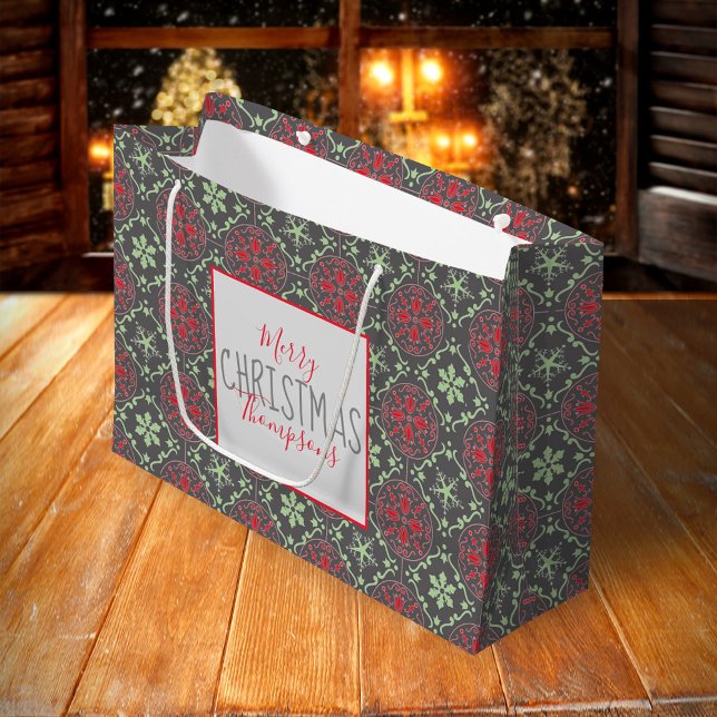 Grand Sac Cadeau Gray Elegant Nordic Winter Snowflake tendance (Merry Christmas holiday red and green snowflake pattern large gift bag)