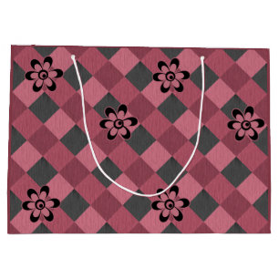 Grand Sac Cadeau Gray rose géométrique à damiers motif avec fleurs