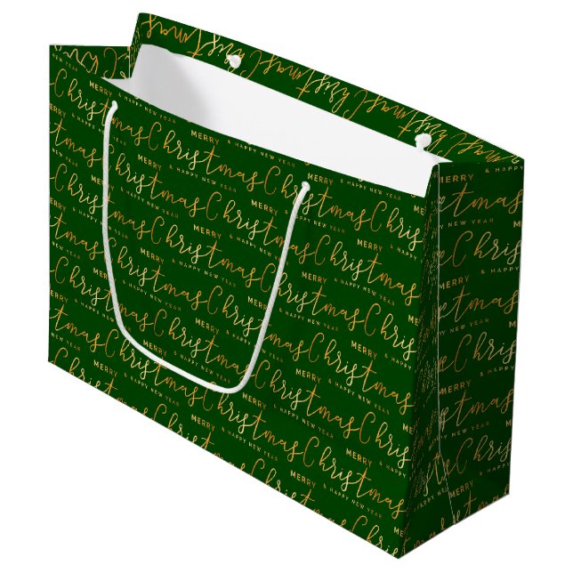 Grand Sac Cadeau Green and Gold Merry Christmas Word Art (Devant Angle)