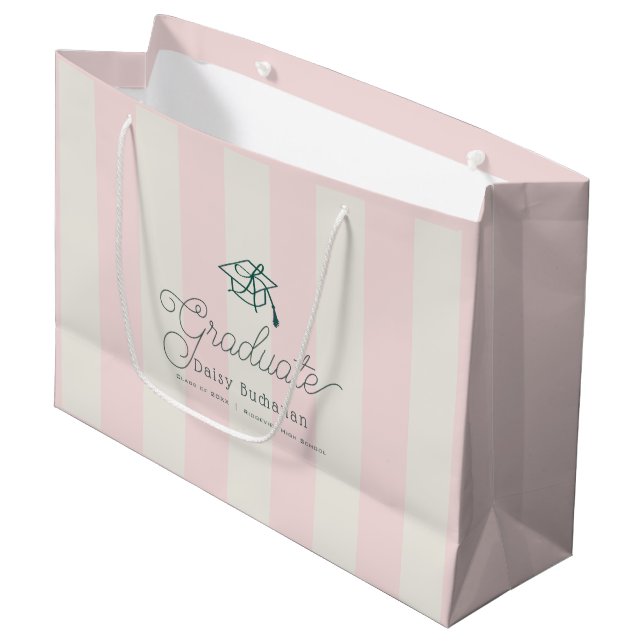 Grand Sac Cadeau Green Cap Pink Stripes Bow Graduation (Devant Angle)