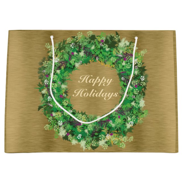 Grand Sac Cadeau Green et Gold Holiday Wreath (Devant)