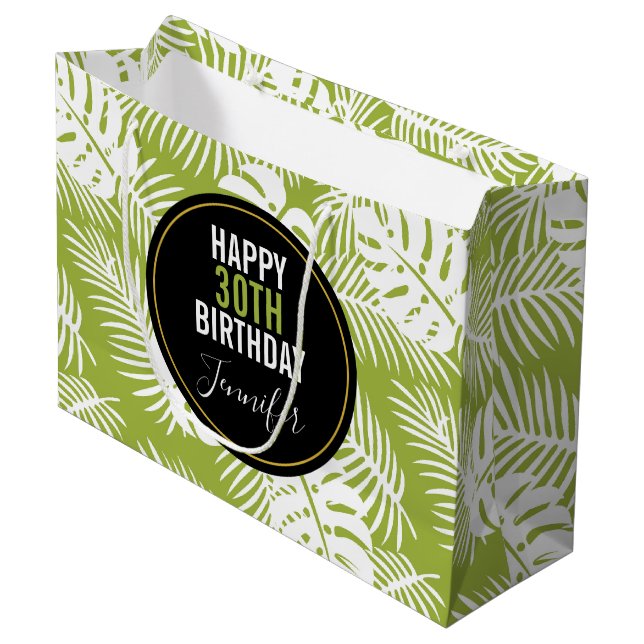 Grand Sac Cadeau Green Palm Feuille Rainforest Motif Anniversaire (Devant Angle)