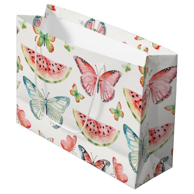 Grand Sac Cadeau Green Red Watermelon Blue Butterflies Birthday (Devant Angle)