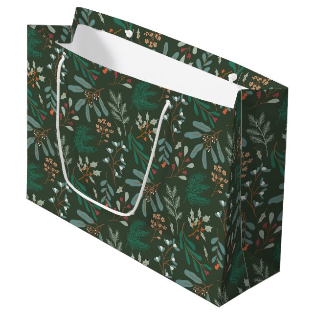 Grand Sac Cadeau Green Winter Botanical  Pattern (Devant Angle)