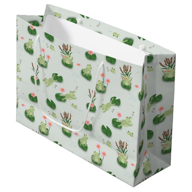 Grand Sac Cadeau Grenouilles mignonnes dans un étang de nénuphars (Devant Angle)