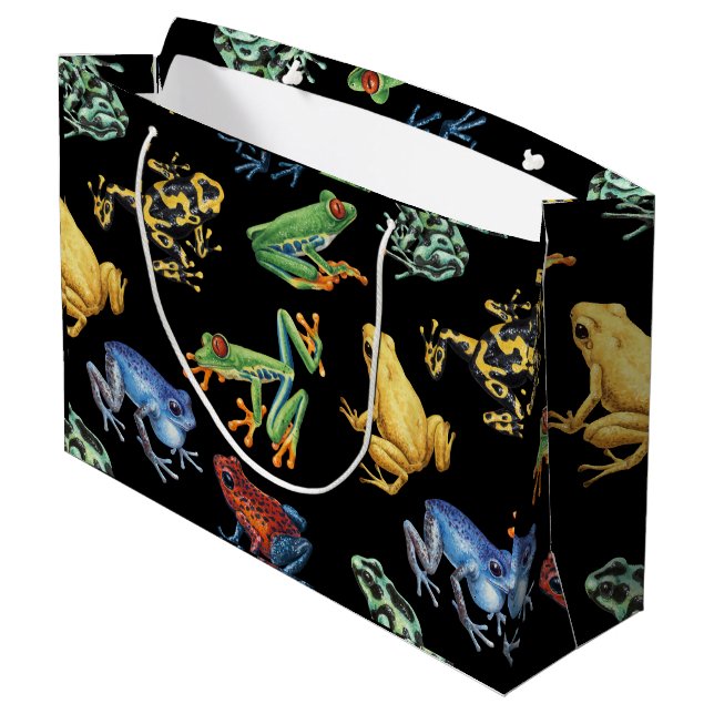 Grand Sac Cadeau Grenouilles sur noir (Dos Angle)