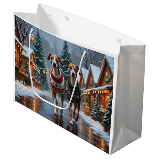 Grand Sac Cadeau Greyhound Dogs Christmas Snow Holiday (Devant Angle)