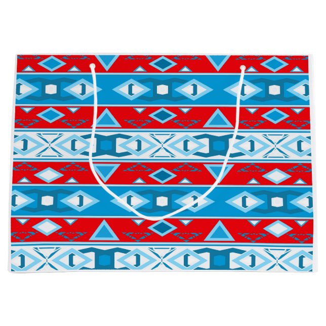 Grand Sac Cadeau Grilles et formes géométriques du bleu rouge blanc (Devant)