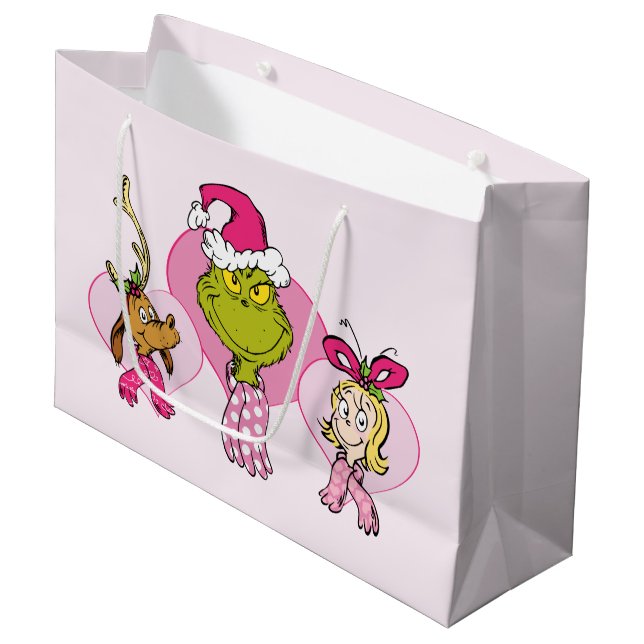 Grand Sac Cadeau Grinch Crew in Pink Valentine's Portrait (Devant Angle)