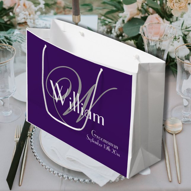 Grand Sac Cadeau Groomsman Cadeau Monogramme + Nom Moderne Cool Chi (A Wonderful Groomsman Gift - Monogram + Name Purple White Gray Large Gift Bag.)