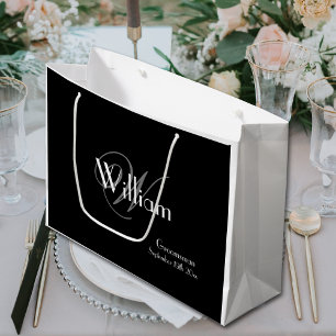 Grand Sac Cadeau Groomsman Script Monogramme Nom Chic Noir
