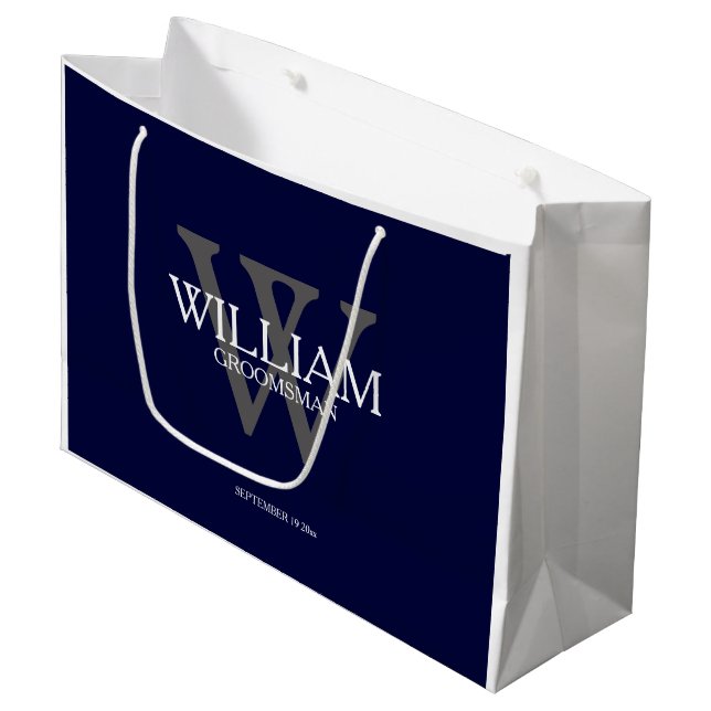 Grand Sac Cadeau Groomsmen Gift Monogram Modern Navy Blue (Devant Angle)