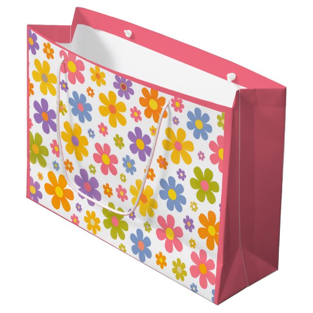 Grand Sac Cadeau Groovy Flower Power (Rose) (Devant Angle)