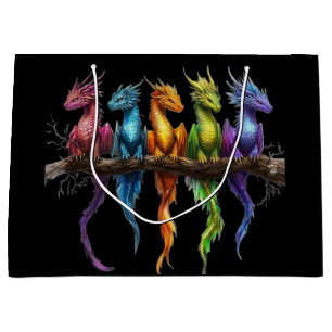 Grand Sac Cadeau Groupe Arc-en-ciel de bébés dragons sur fond noir