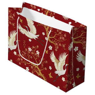 Grand Sac Cadeau Grue couronnée rouge motif Sakura (1)