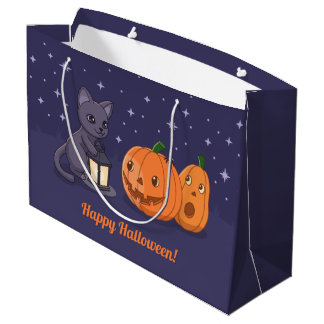 Grand Sac Cadeau Halloween Black Cat Pumpkins Lantern Purple
