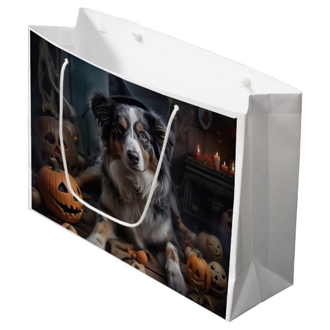 Grand Sac Cadeau Halloween Citrouille berger australienne effraie (Devant Angle)