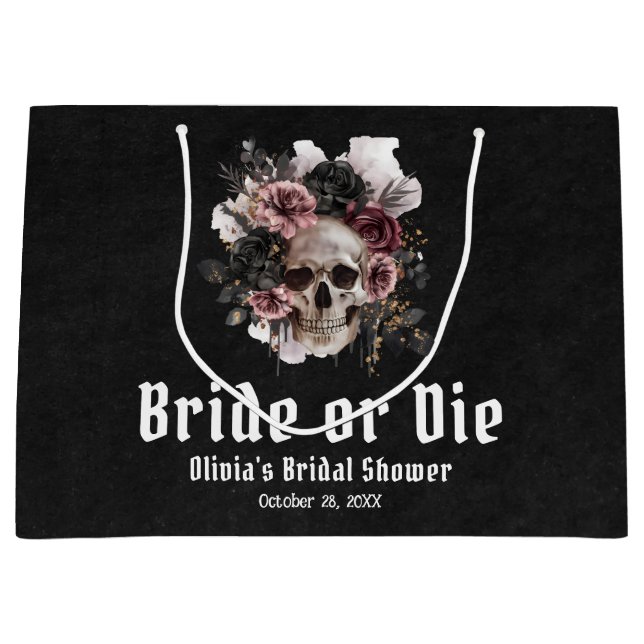 Grand Sac Cadeau Halloween Fleur de Crâne Mariée ou Mourir Enterrem (Devant)