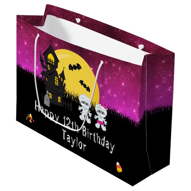 Grand Sac Cadeau Halloween Joyeux anniversaire maman rose foncé (Devant Angle)