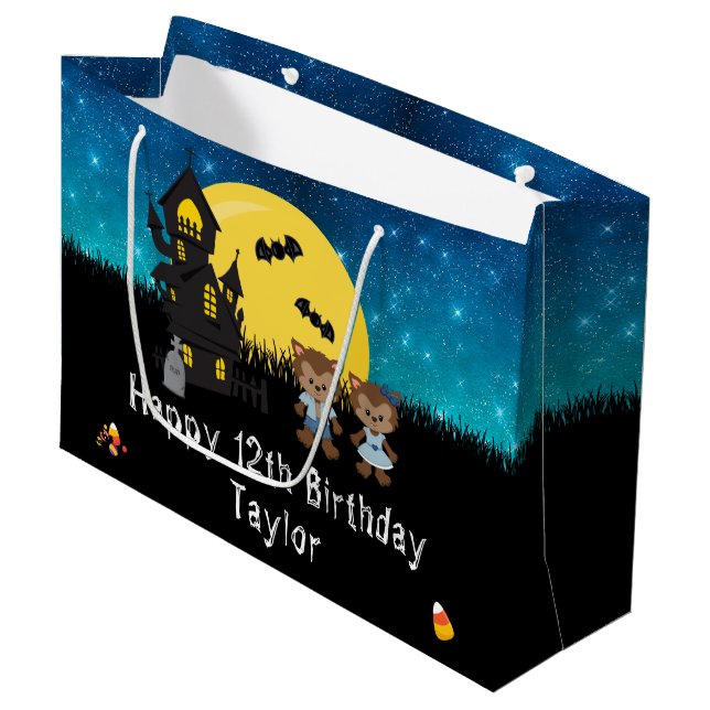 Grand Sac Cadeau Halloween Joyeux anniversaire Werewolf Dark Blue (Devant Angle)