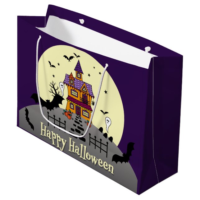 Grand Sac Cadeau Halloween Maison hantée Chauve-chauve Pleine lune  (Devant Angle)